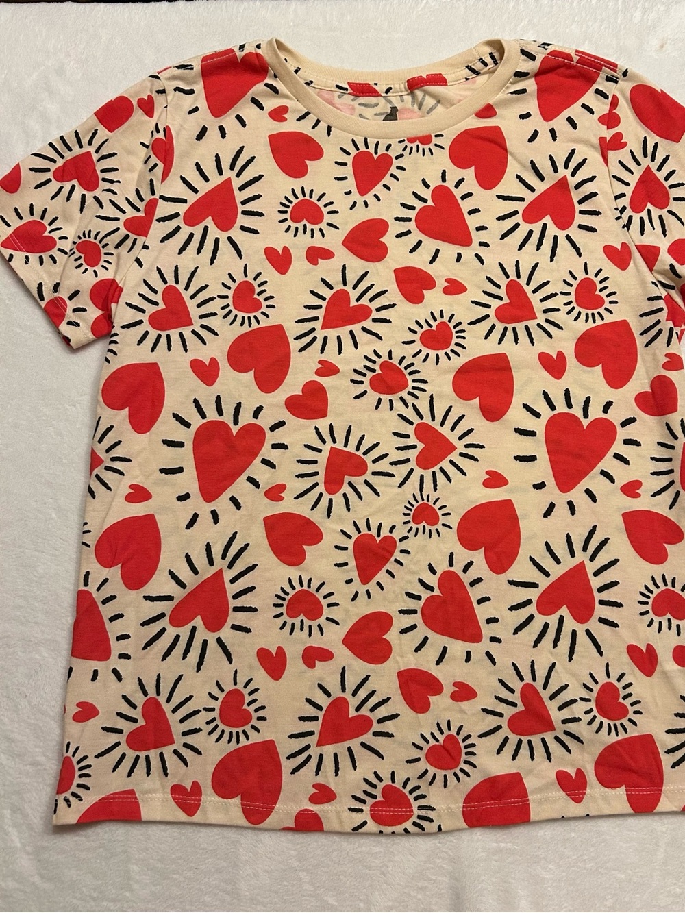 Cuidado con el Perro L Beige Heart Graphic Crew Neck Short Sleeve T-Shirt